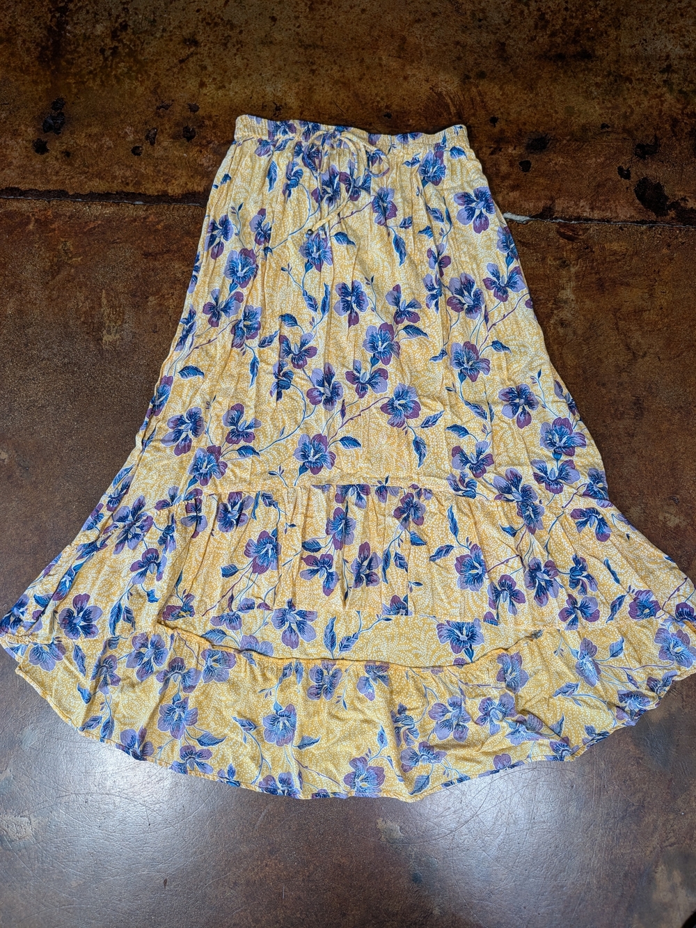 Francesca's Floral Tiered Maxi Skirt - Yellow with Blue Floral